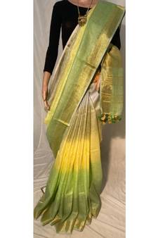 Handwoven multicolor dye linen saree with blouse piece