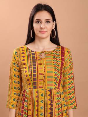 Sajnee Women's Yellow Printed Rayon Flared Kurta 5