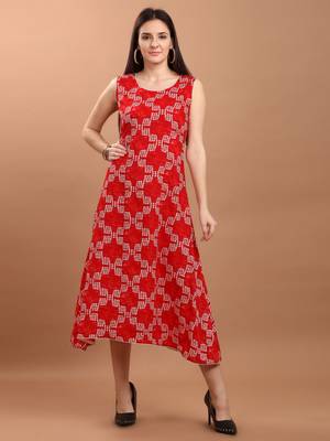 Sajnee Women's Red Printed Rayon High Low Kurta dress 1