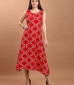Sajnee Women's Red Printed Rayon High Low Kurta dress