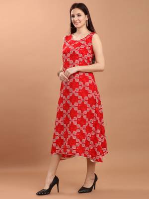 Sajnee Women's Red Printed Rayon High Low Kurta dress 2