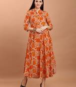 Sajnee Women's Orange Floral Print Rayon Flared Kurta