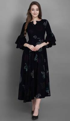 Navy Blue Bandhani Printed Rayon Flared Kurta 1