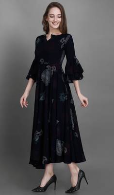 Navy Blue Bandhani Printed Rayon Flared Kurta 2