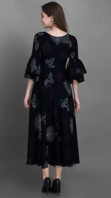 Navy Blue Bandhani Printed Rayon Flared Kurta 3