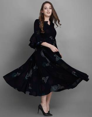 Navy Blue Bandhani Printed Rayon Flared Kurta 4