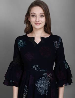 Navy Blue Bandhani Printed Rayon Flared Kurta 5