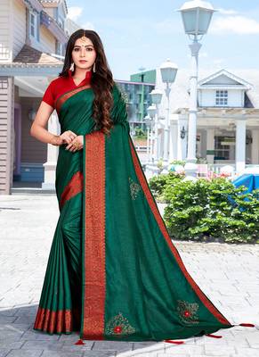 Green Color Ciroski Work Designer Jacquard Pure Silk Saree With Blouse Piece 1