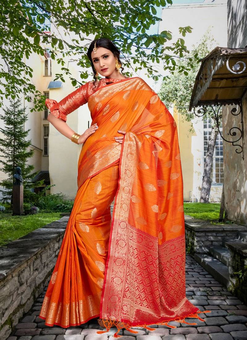 Orange Color Woven Designer Katan Silk  Saree With Blouse Piece