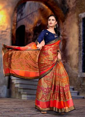 Orange Color Daily Wear Printed Softy Brasso Saree  With Blouse Piece 1