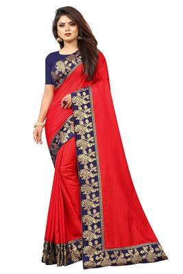 Red Vichitra Silk With Jacquard Lace Saree With Blouse Piece. 1