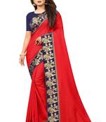 Red Vichitra Silk With Jacquard Lace Saree With Blouse Piece.