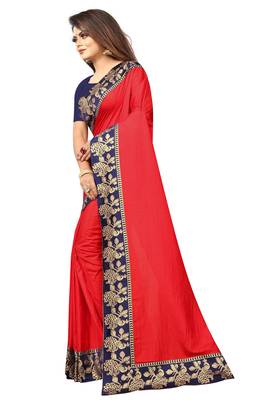 Red Vichitra Silk With Jacquard Lace Saree With Blouse Piece. 2