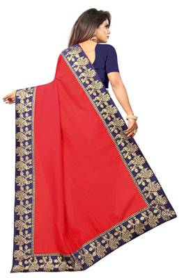 Red Vichitra Silk With Jacquard Lace Saree With Blouse Piece. 3