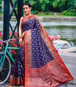 Nevy Blue Color Woven Designer Pure Silk  Saree With Blouse Piece