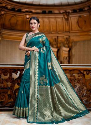 Green Color Designer Banarasi Silk Saree With Blouse Piece 1