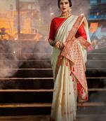 Cream Color Designer Jodhpuri Saree With Blouse Piece