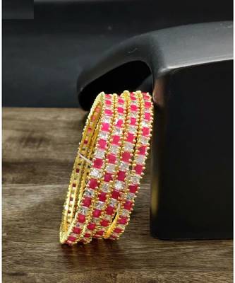 Gold Plated Ruby & White American Diamond Set Of 4 Bangles For Women 2