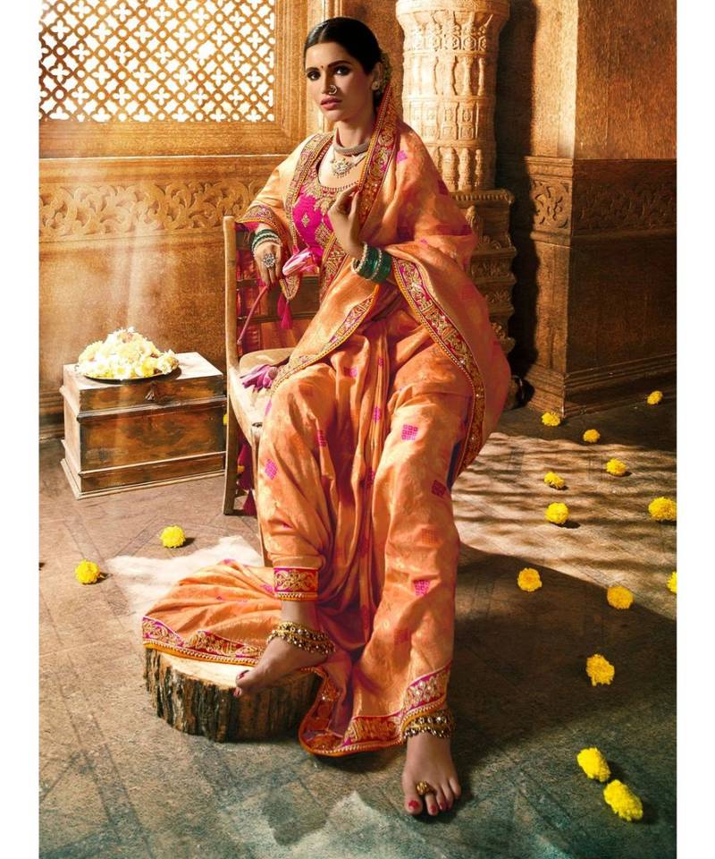 Sandy Orange Embroidered Dola Silk Saree with Blouse
