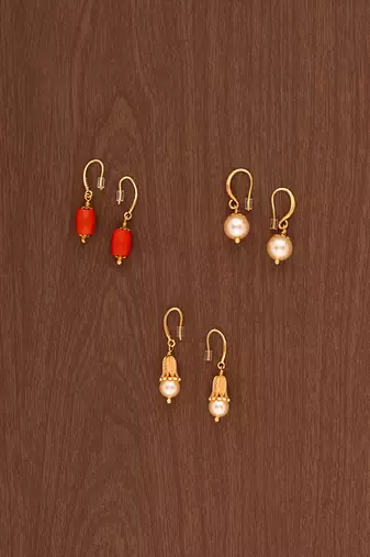 Golden earrings - 3 sets Swarovski pearl and coral one gram gold