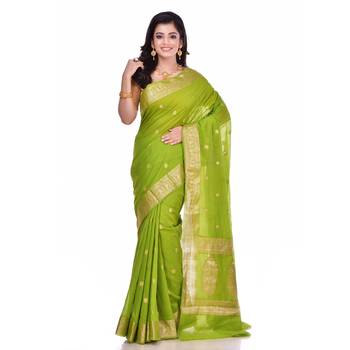 Green woven chiffon saree with blouse 1