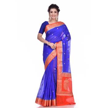 Royal blue woven chiffon saree with blouse 1