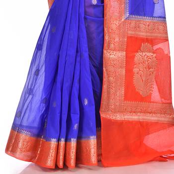 Royal blue woven chiffon saree with blouse 2