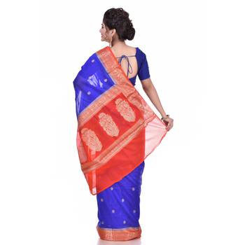 Royal blue woven chiffon saree with blouse 3