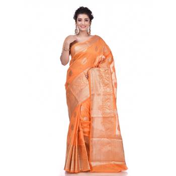 Orange woven pure linen saree with blouse 1