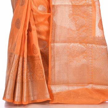 Orange woven pure linen saree with blouse 2