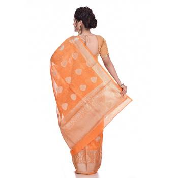 Orange woven pure linen saree with blouse 3