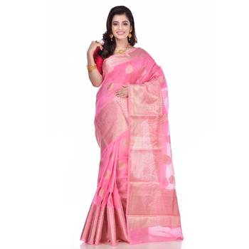 Pink woven pure linen saree with blouse 1