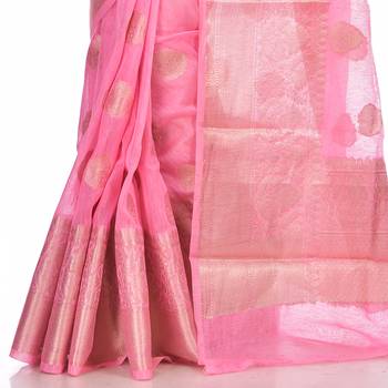 Pink woven pure linen saree with blouse 2
