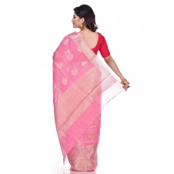 Pink woven pure linen saree with blouse 3