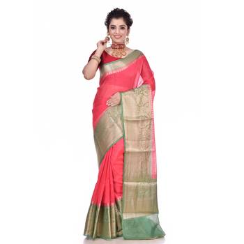 Pink woven pure linen saree with blouse 1