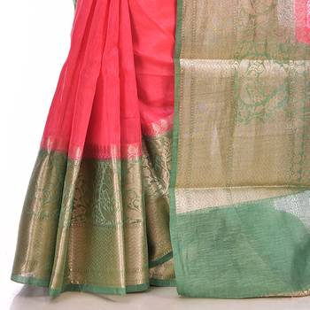 Pink woven pure linen saree with blouse 2