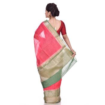 Pink woven pure linen saree with blouse 3