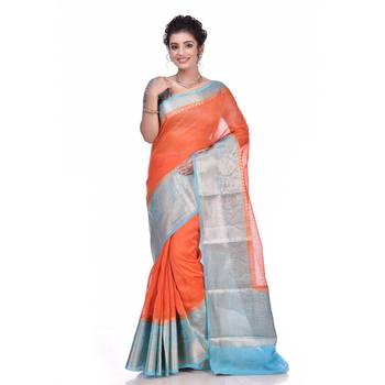 Rust woven pure linen saree with blouse 1
