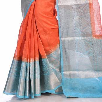 Rust woven pure linen saree with blouse 2