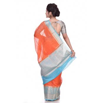 Rust woven pure linen saree with blouse 3