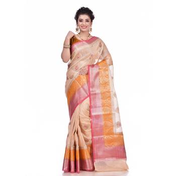 Beige woven pure linen saree with blouse 1