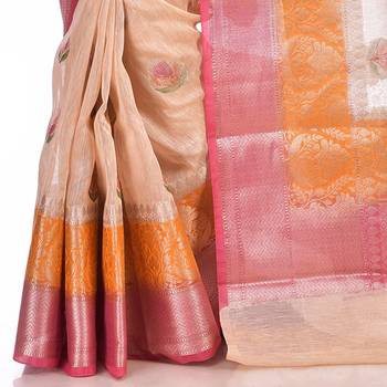 Beige woven pure linen saree with blouse 2