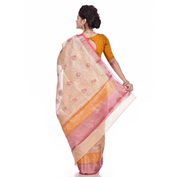 Beige woven pure linen saree with blouse 3