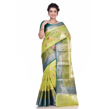 Green woven pure linen saree with blouse 1