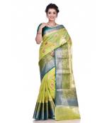 Green woven pure linen saree with blouse