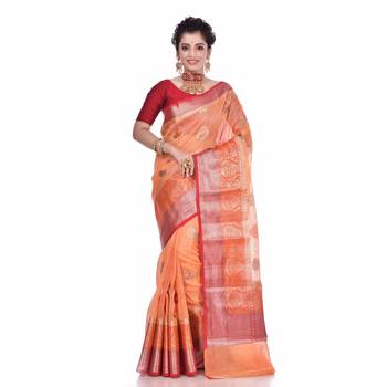 Peach woven pure linen saree with blouse 1