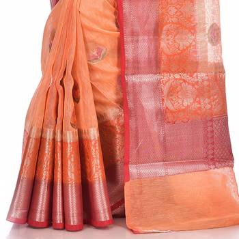 Peach woven pure linen saree with blouse 2