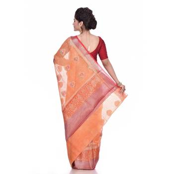 Peach woven pure linen saree with blouse 3