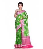 Green woven organza saree with blouse