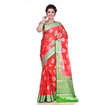 Red woven organza saree with blouse 1